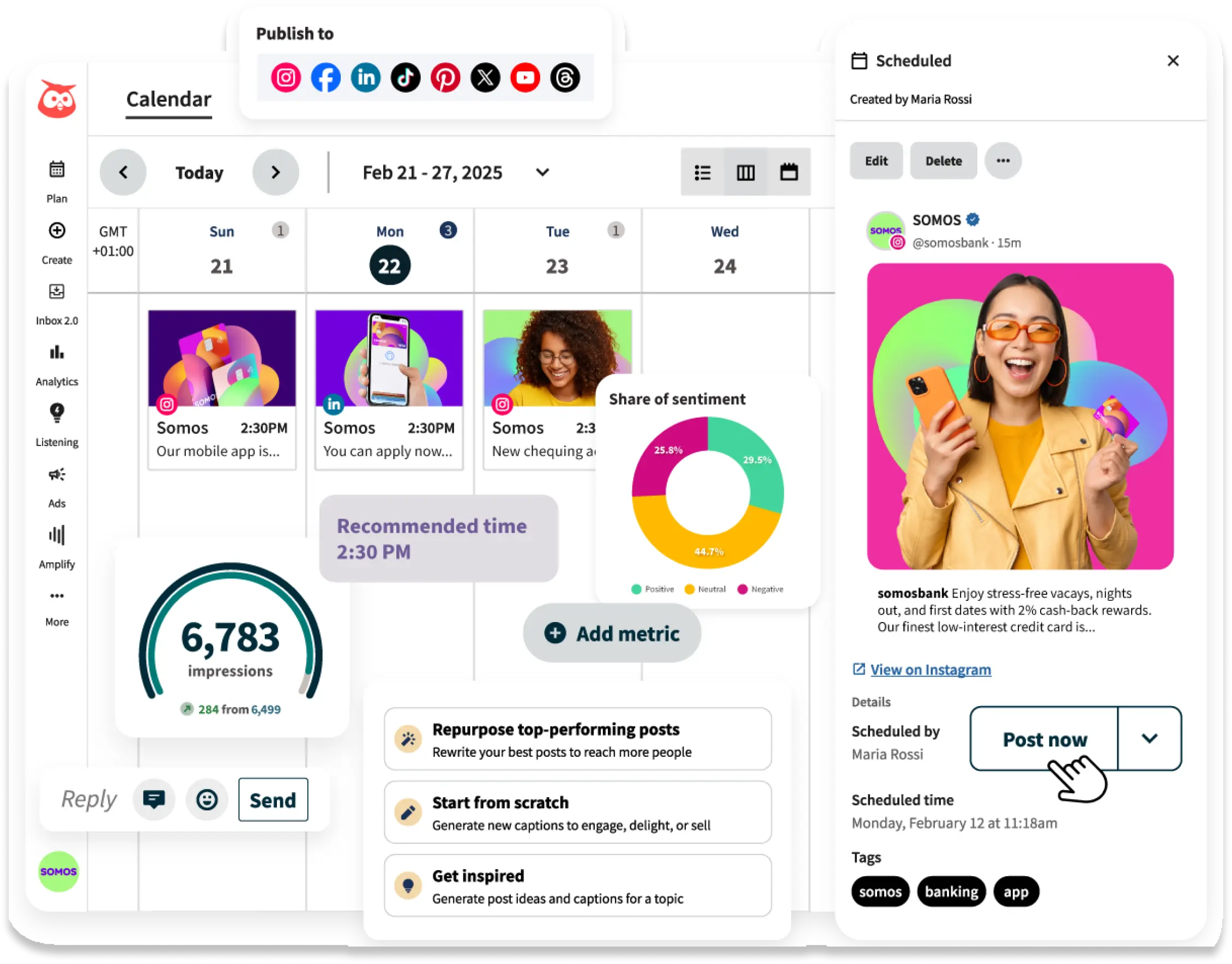 Hootsuite unified social media dashboard showing scheduled posts across multiple platforms