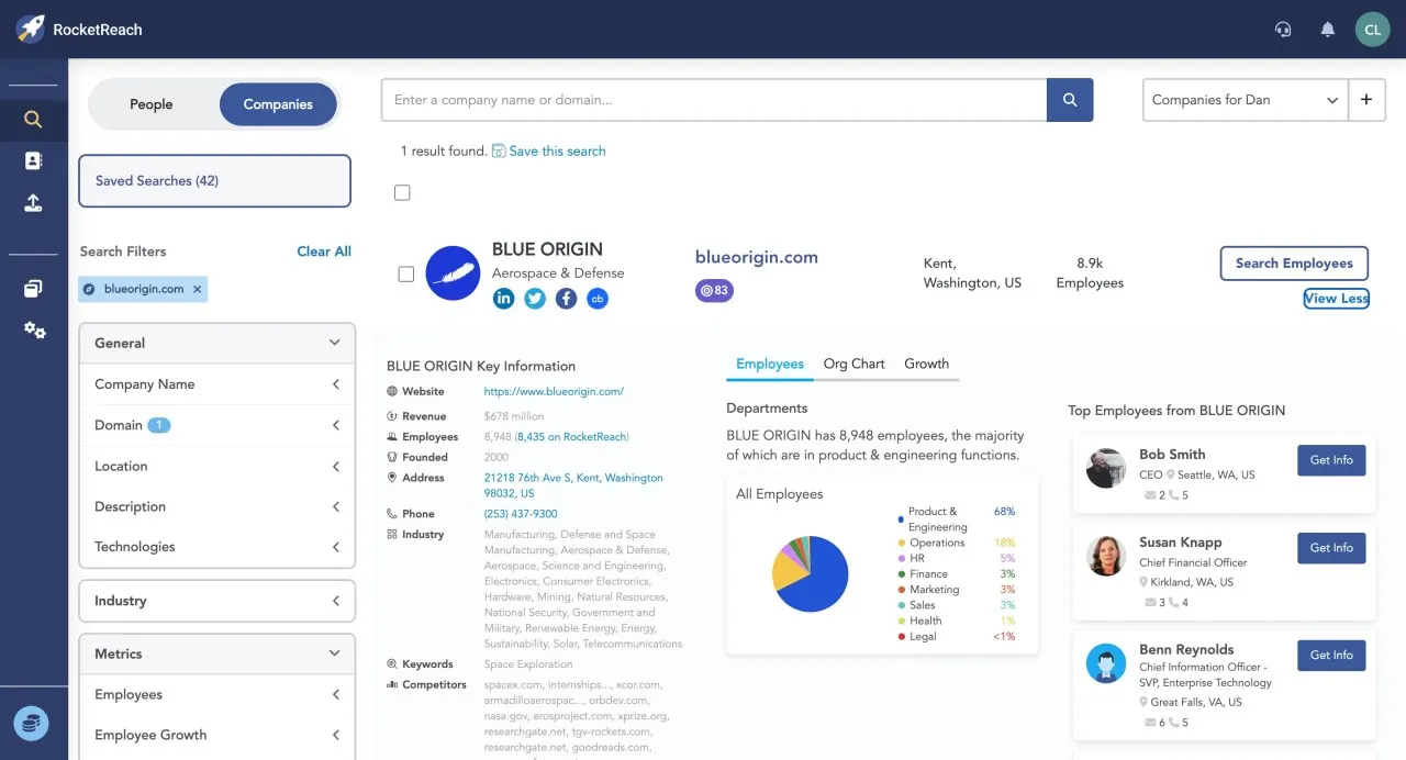 RocketReach search dashboard showing contact lookup filters and results